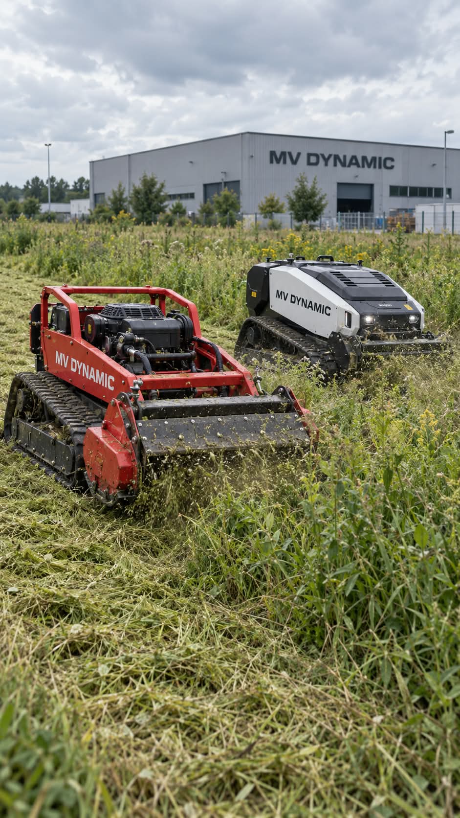 Two MV Dynamics tracked mowers, one red and one white, cutting tall grass in front of a building with MV Dynamics signage