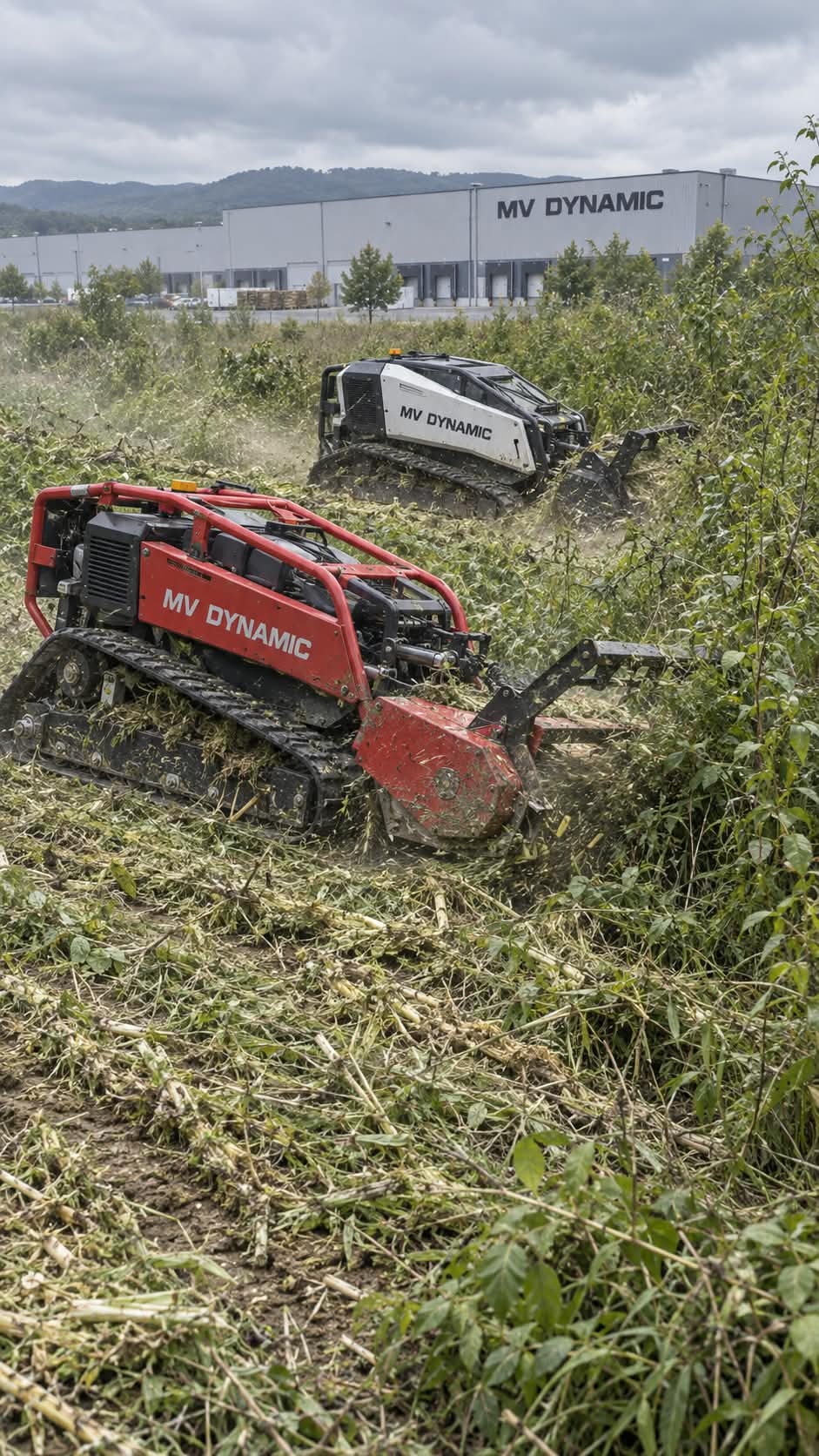 MV Dynamics red and white tracked mowers clearing dense vegetation, with an MV Dynamics building and hills behind